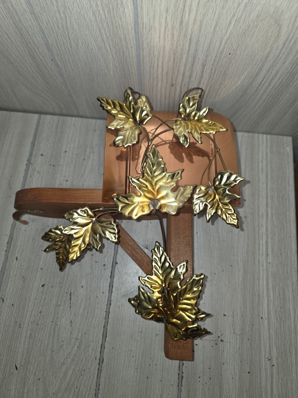 Vintage Copper Brass Mailbox Leaves Wood Wall Hanging USA MCM Heritage Home Int